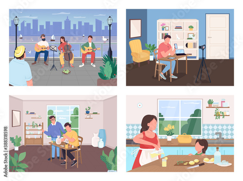 Creative pastime flat color vector illustration set. Music band perform in city. Crafts class. Friends and family 2D cartoon characters with interior and landscape on background collection