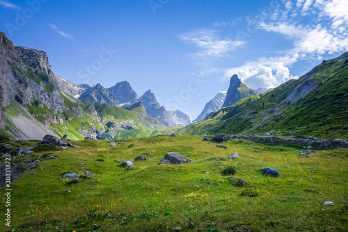 Mountain and pastures landscape in French alps photo