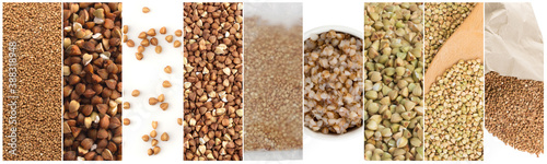 Raw Buckwheat Collage, Various Uncooked Pseudocereal Buck Wheat photo