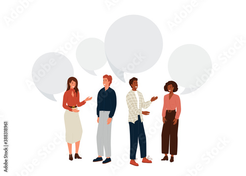 People talk vector background. Young man and woman stand together and communicate. Speech bubble over characters. Design illustration business community in modern flat cartoon style