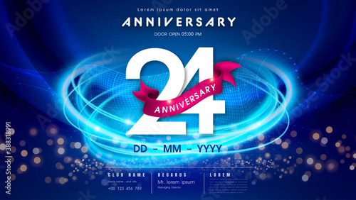 24 years anniversary logo template on dark blue Abstract futuristic space background. 24th modern technology design celebrating numbers with Hi-tech network digital technology concept design elements.