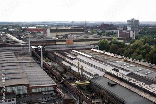 Industrial factory and plant. Roof and rooftop of the building and architecture. View from above.	