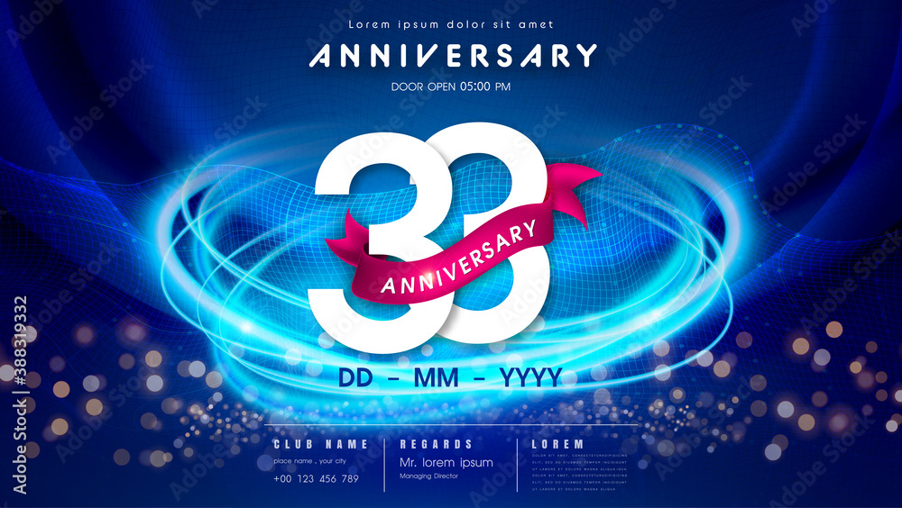 Naklejka premium 33 years anniversary logo template on dark blue Abstract futuristic space background. 33rd modern technology design celebrating numbers with Hi-tech network digital technology concept design elements.