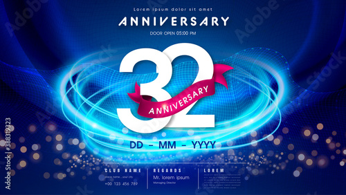 32 years anniversary logo template on dark blue Abstract futuristic space background. 32nd modern technology design celebrating numbers with Hi-tech network digital technology concept design elements.