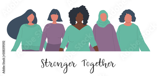Diverse group of women are stand together. Stronger Together concept. International Women's Day. Women's community. Female solidarity. Women silhouettes of different races. Vector