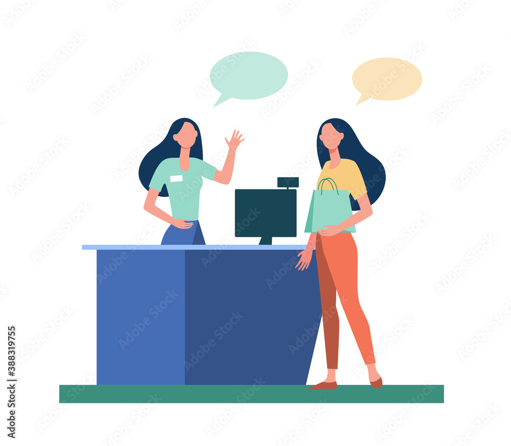 Customer with shopping bag paying for purchase. Cash, register, cashier, woman, talk bubble flat vector illustration. Shopping, payment concept for banner, website design or landing web page