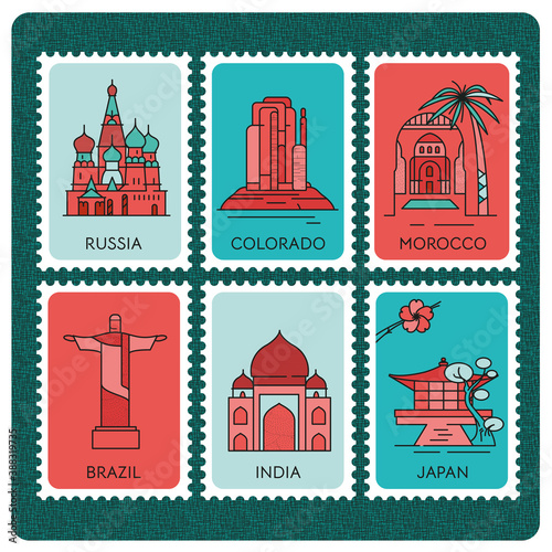 Travel and tourism locations. Continent, country, city, symbol Asia, Africa, Australia, Europe, America
