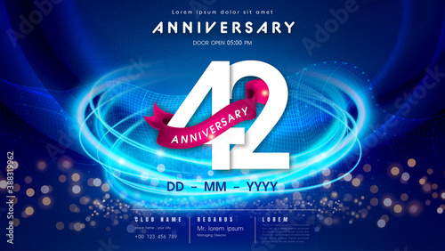 42 years anniversary logo template on dark blue Abstract futuristic space background. 42nd modern technology design celebrating numbers with Hi-tech network digital technology concept design elements. photo