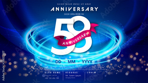 58 years anniversary logo template on dark blue Abstract futuristic space background. 58th modern technology design celebrating numbers with Hi-tech network digital technology concept design elements.