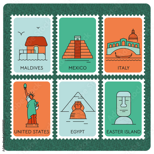 Travel and tourism locations. Continent, country, city, symbol Asia, Africa, Australia, Europe, America
