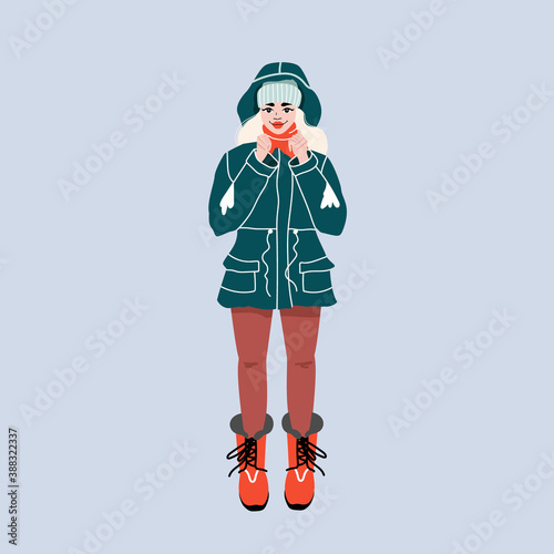 Cute funny girl wearing a winter jacket illustration. Female winter outfit. Isolated illustration for a card, greeting. Trendy hand-drawn jpg illustration.