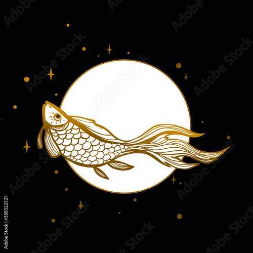 Gold fish. Decorative abstract fish, with golden scales.Rich, luxurious design element. Wallpaper, fabric design, astrology, mysticism