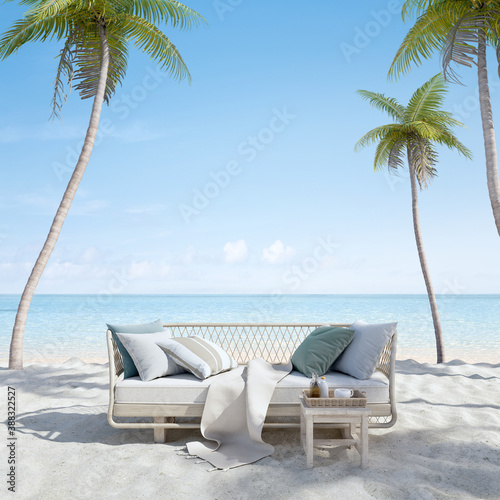 Sofa on sand beach with palm.Concept for vacation and relaxation.3d rendering © manow
