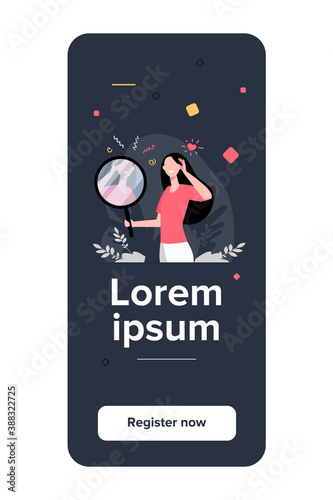 Woman looking at mirror flat vector illustration. Cartoon beautiful female characters smiling to her reflection. Love of self, ego and narcissism concept