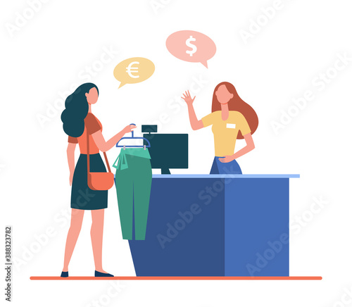 Woman buying clothes in fashion store, consulting cashier at counter. Currency, euro, dollar flat vector illustration. Shopping, currency payment concept for banner, website design or landing web page