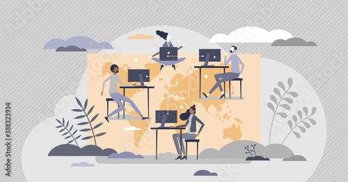 Global freelancing with work outsourcing around world tiny person concept