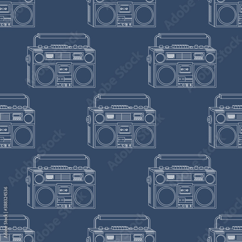 Vector seamless pattern with retro tape recorder on dark blue background, white outline, music background