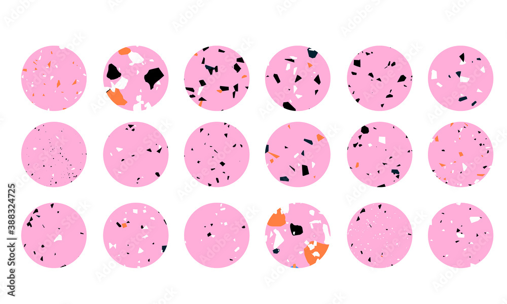 Trendy terrazzo highlight icon set. Pink stone texture icons for social media, button design. Terrazzo circle collection. Grungy concrete texture icons. Modern infographics. Hand-drawn vector shapes. Trendy terrazzo highlight icon set. Pink stone texture icons for social media, button design. Terrazzo circle collection. Grungy concrete texture icons. Modern infographics. Hand-drawn vector shapes.