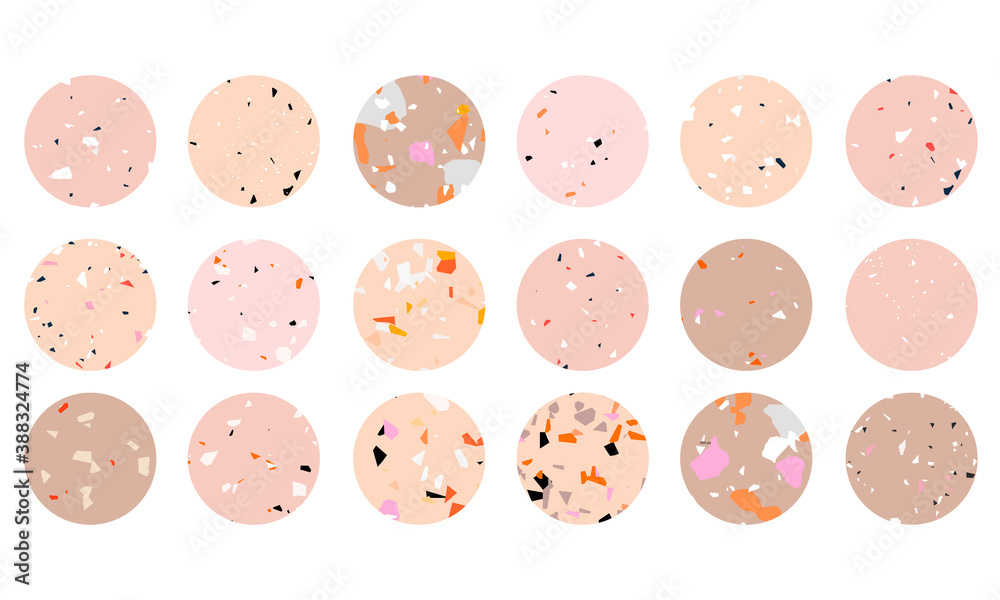 Trendy terrazzo highlight icon set. Beige stone texture icons for social media, button design. Terrazzo circle collection. Grungy concrete texture icons. Modern infographics. Hand-drawn vector shapes.
