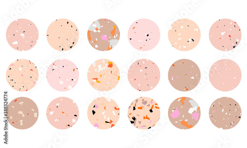Trendy terrazzo highlight icon set. Beige stone texture icons for social media, button design. Terrazzo circle collection. Grungy concrete texture icons. Modern infographics. Hand-drawn vector shapes.