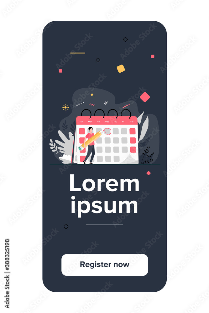 Employee marking deadline day. Man with pencil appointing date of event and making note in calendar. Vector illustration for schedule, agenda, time management concept Employee marking deadline day. Man with pencil appointing date of event and making note in calendar. Vector illustration for schedule, agenda, time management concept