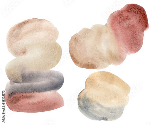 Watercolor winter texture set with orange, beige, red and blue spots. Hand painted holiday illustration isolated on white background. For Christmas design, print, fabric or background.