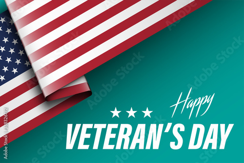 United States Veterans Day celebrate banner with waving american national flag and text Happy Veterans Day on color background