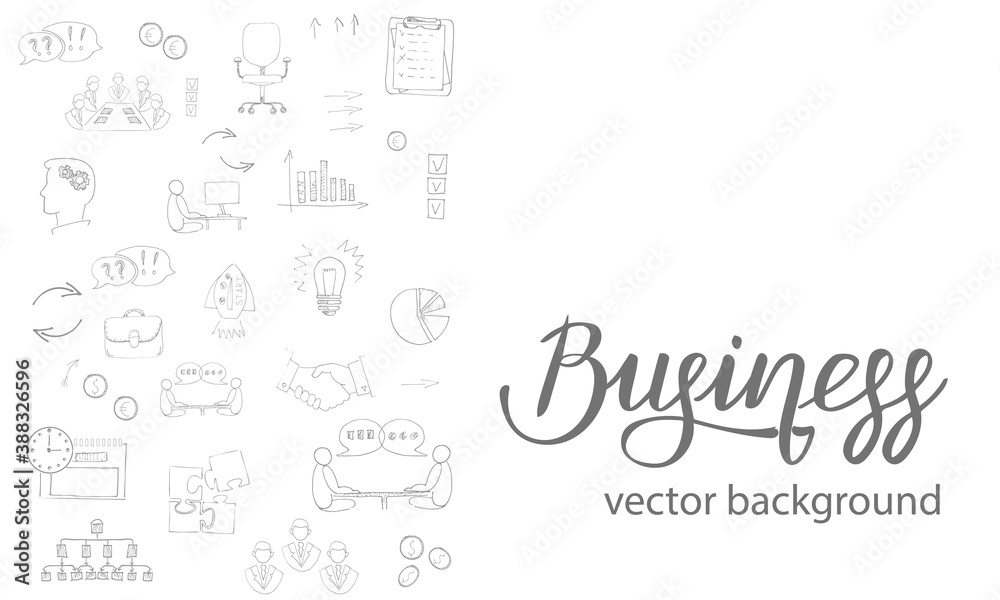 Background of business icons in Doodle style. Vector template of a leaflet, flyer or banner on the topic of collaboration, goal achievement, meetings, business ideas with the title lettering.