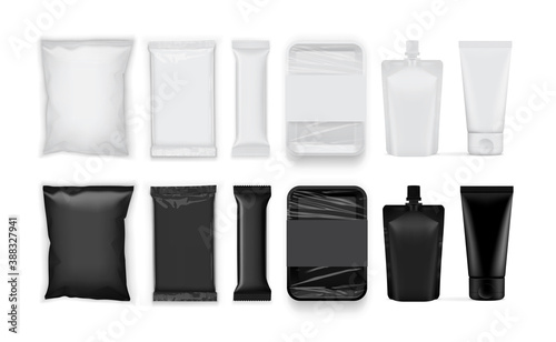 set of white and black paper and plastic packaging isolated on white background