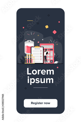 Happy cartoon woman holding health insurance. Insurance checklist with calculator and blood samples. Vector illustration for healthcare, medical assistance, service concepts