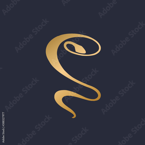 Letter S logo.Luxury style typographic icon with snake shape lettering.Alphabet initial isolated on dark background.Shiny golden metallic color.