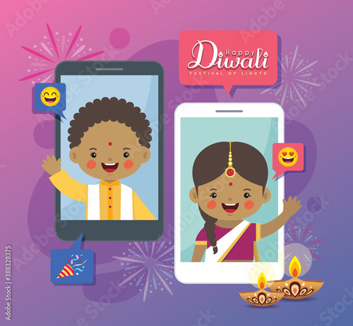 Cartoon Indian people having video chat with friends or family via smartphone. Online Diwali or Deepavali celebration concept. Virtual conference or video call flat vector illustration.
