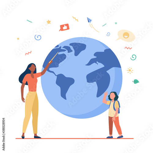 Geography teacher explaining lesson to pupil. Woman with pointer and girl at planet model flat vector illustration. School education concept for banner, website design or landing web page