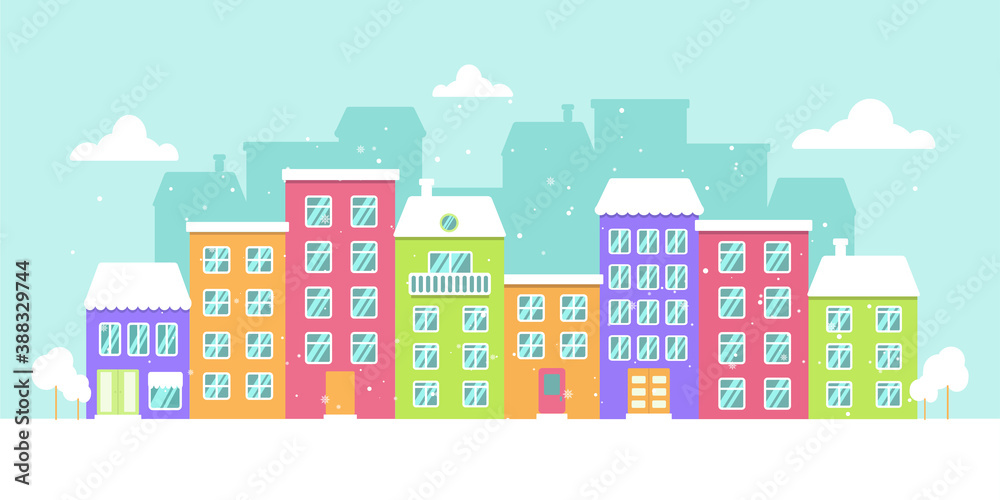 Vector winter panorama of a colorful city, snowy day, bright houses
