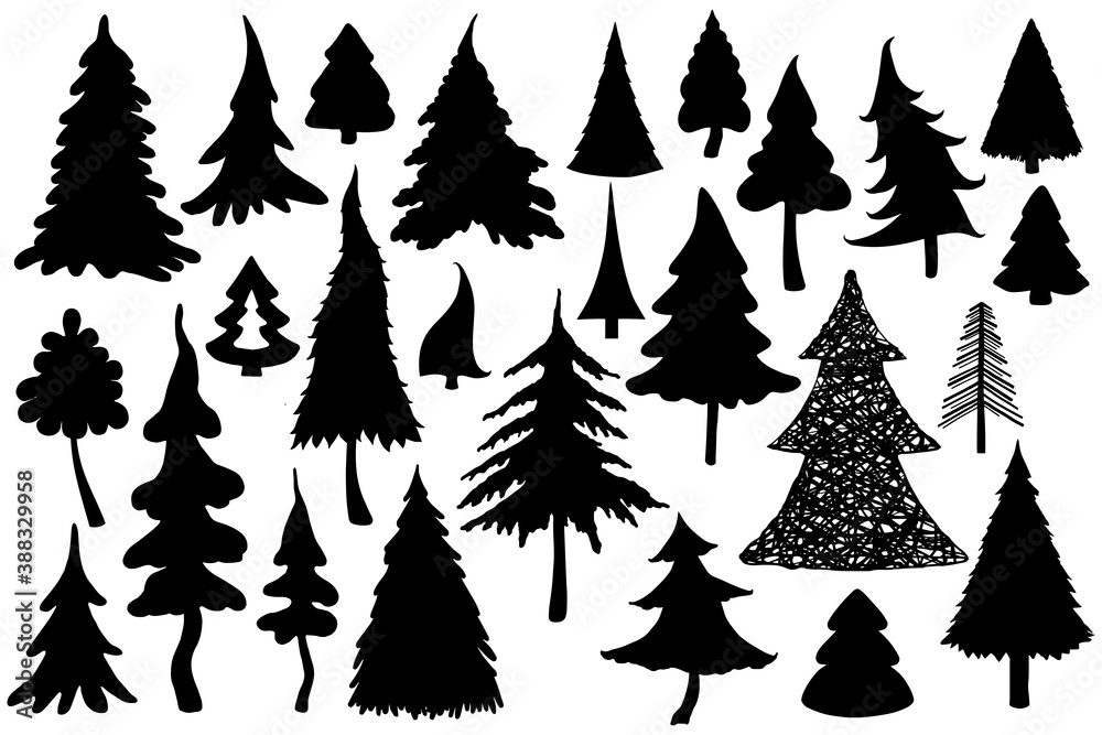 Obraz premium Fur-tree silhouettes set on white background