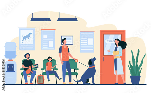 Queue of people with pets at vet room. Veterinary inviting man with cute dog in her office. Vector illustration for animal care, veterinarian clinic or hospital concept