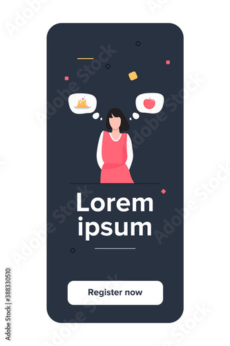 Healthy and unhealthy food choice. Woman choosing between cake and fresh apple flat vector illustration. Lifestyle, eating, diet concept for banner, website design or landing web page