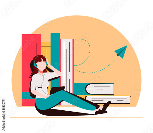 Girl sitting near pile of books with headphones and listen them online. Concept of online reading or library, e-book, online education. World book reading day cute illustration for banner, flyer, ad.