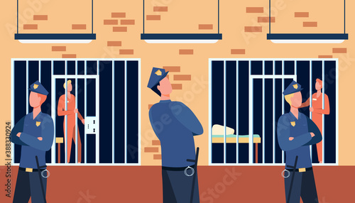 Criminals and guards in state prison. Policemen watching prisoners in cells of police department. Vector illustration for investigation, justice, jail concept