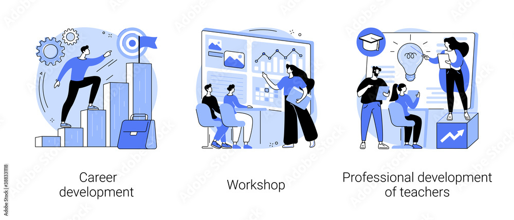 New skills gain abstract concept vector illustration set. Career development, workshop, professional development of teachers, conference and seminar, career change, job success abstract metaphor. - obrazy, fototapety, plakaty 
