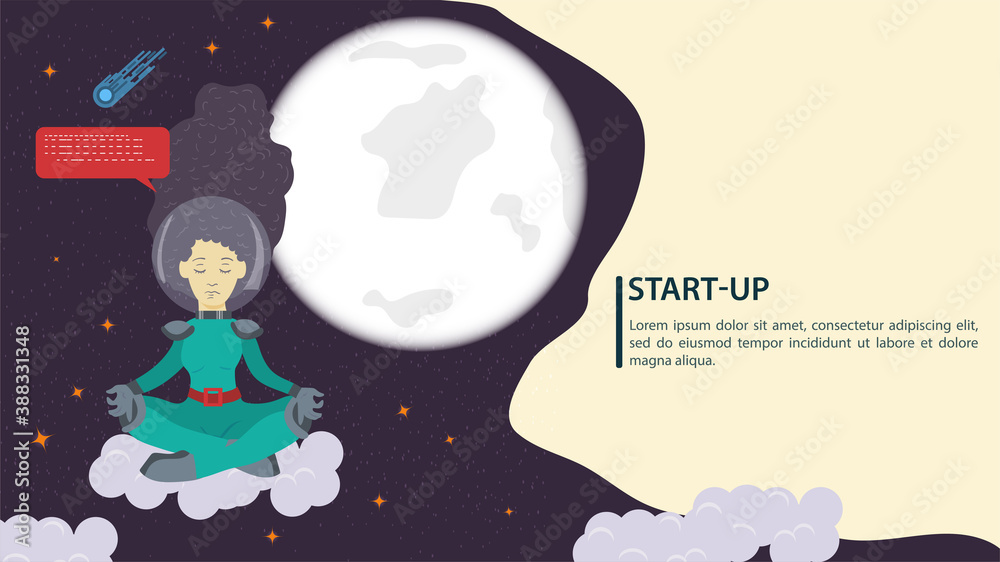 Girl in a space suit in outer space sitting in a Lotus position on a cloud on a white planet background flat vector drawing for design design