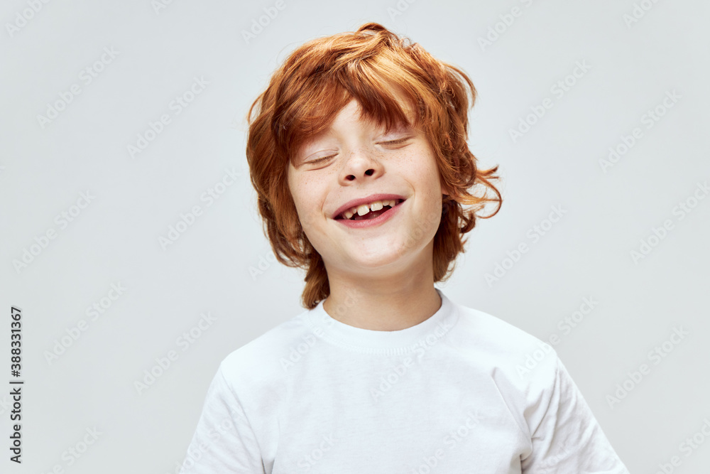 funny redhead boy smile closed eyes white t-shirt funny redhead boy smile closed eyes white t-shirt