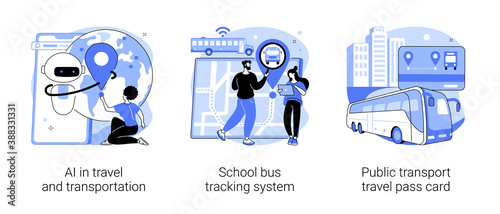 Technology in transportation abstract concept vector illustration set. AI in travel and transportation, school bus tracking system, public transport travel pass card, navigation abstract metaphor.