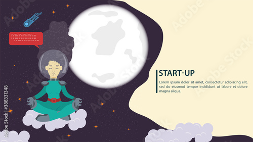 Fototapeta Naklejka Na Ścianę i Meble -  Girl in a space suit in outer space sitting in a Lotus position on a cloud on a white planet background flat vector drawing for design design
