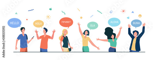 Happy young people saying hello in different languages. Students with speech bubbles and hands in greeting gesture. Vector illustration for communication, foreign languages, culture studying concept