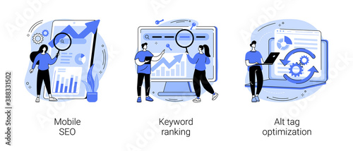 Search engine marketing abstract concept vector illustration set. Mobile SEO agency, keyword ranking, alt tag optimization, website ranking, search optimization, page navigation abstract metaphor.