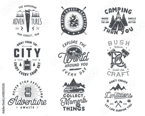 Vintage hand drawn travel badge and emblem set. Hiking labels. Outdoor adventure inspirational logos. Typography retro style. Motivational quotes for prints, t shirts. Stock design