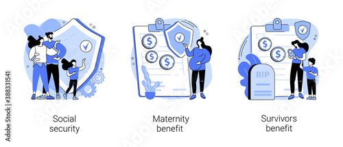 State allowance abstract concept vector illustration set. Social security, maternity and survivors benefit, retirement insurance, parental support, death certificate, financial help abstract metaphor.