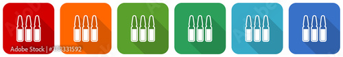 Vaccine ampules icon set, flat design vector illustration in 6 colors options for webdesign and mobile applications