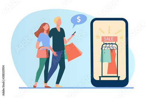 Couple shopping online. Sale in fashion store, ad on cellphone screen flat vector illustration. Black Friday, discount season ,e-commerce concept for banner, website design or landing web page